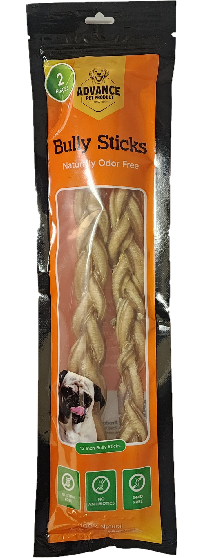 12" Braided Bully Sticks for Dogs (2 Pack) – Odor-Free, Long Lasting, Thick Chews for Aggressive Chewers – Natural & Safe