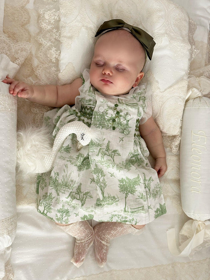 Arabella Toile de Jouy Green Handsmocked Dress
