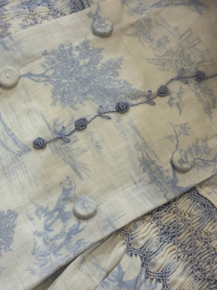 Arabella Toile de Jouy Light Blue Handsmocked Dress