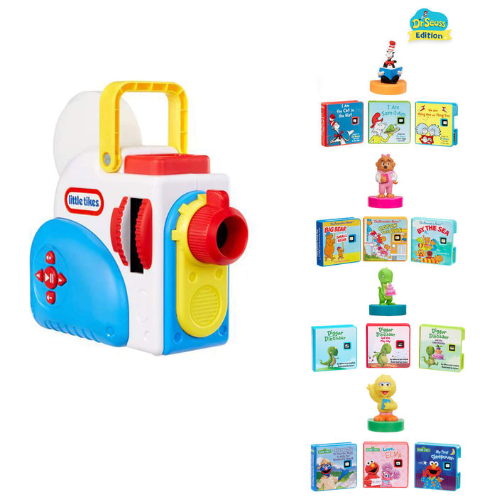 Story Dream Machine with four character figures and books on a white background