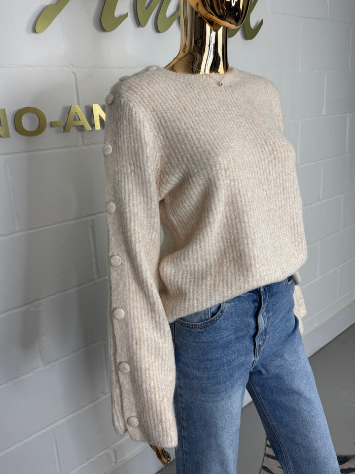 Button Sleeve Detail Round Neck Soft Knit Jumper (4 Colours)