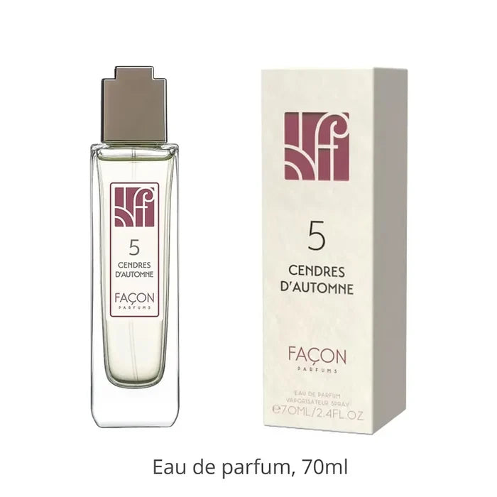 Flacon élégant de parfum unisexe Cendres D'Automne N 5 Parfums de Folleville, 70ml, avec boîte assortie. Parfum floral et vert pour l'été indien.