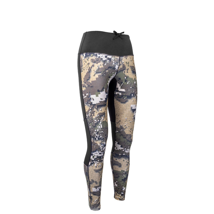 Camouflage leggings with a black top on a white background, featuring the Desolve Veil brand.