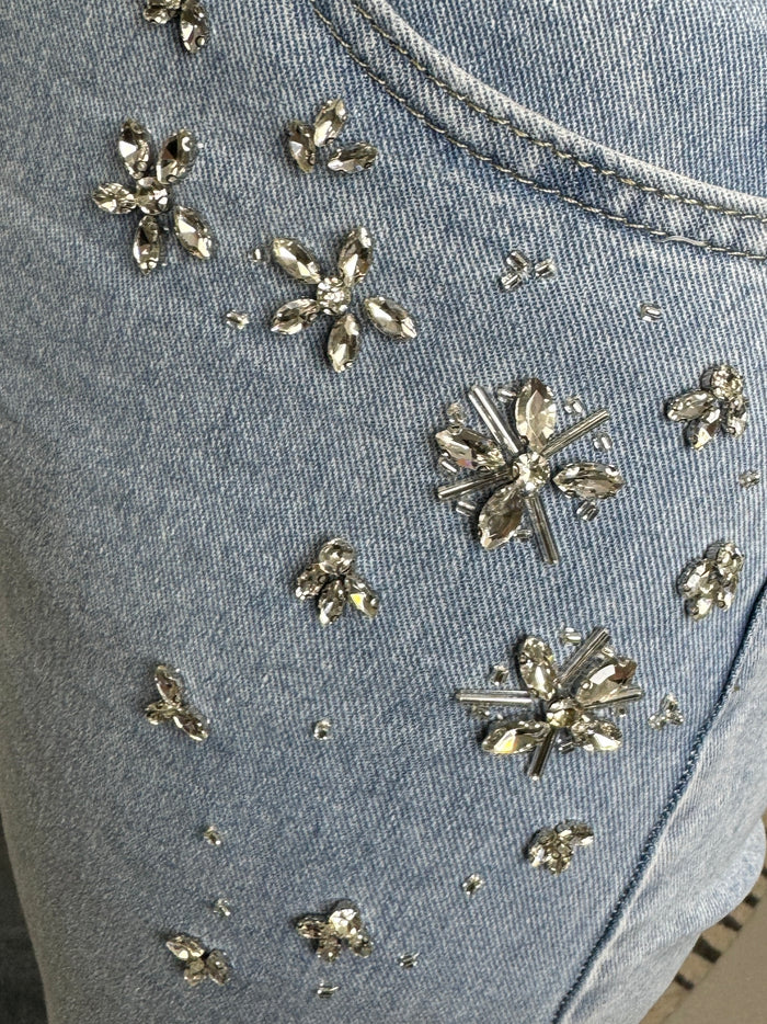 Diamante Detail High Waist Wide Leg Light Denim Jeans