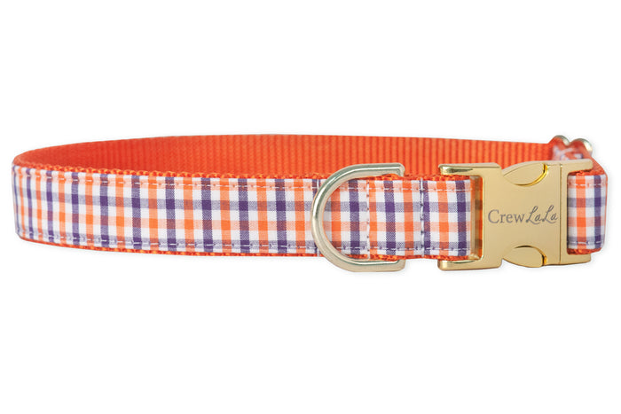 Brighten up your pup’s wardrobe with this preppy plaid dog collar! With vivid orange checkered fabric, polished hardware, and sturdy stitching, it’s a standout piece for everyday adventures.