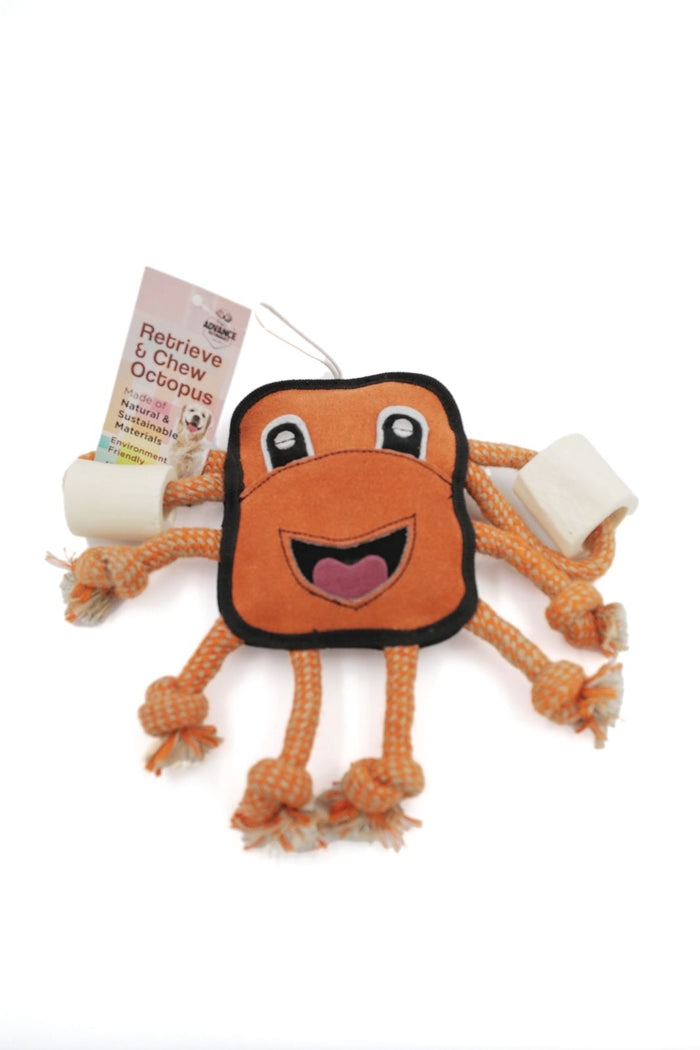 Octopus Dog Toy with Bone – Rope Tug Toy with Squeaker & Crinkle | Durable, Recycled, Interactive Pet Play Toy