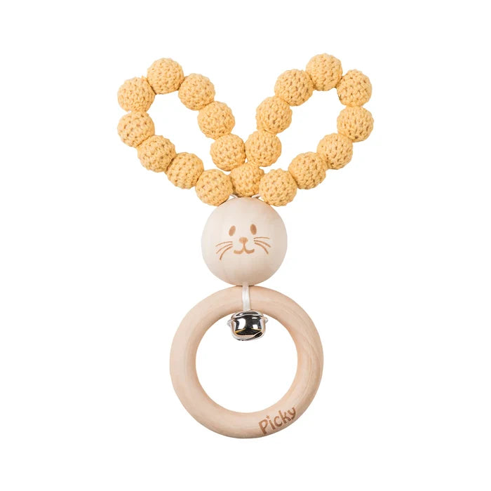 rattle teether crochet bunny - mustard
