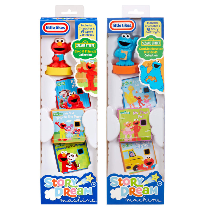Two Little Tikes Story Dream Machine Sesame Street book packages shown side by side on a white background. Each package contains a character and and a Sesame Street three book set.