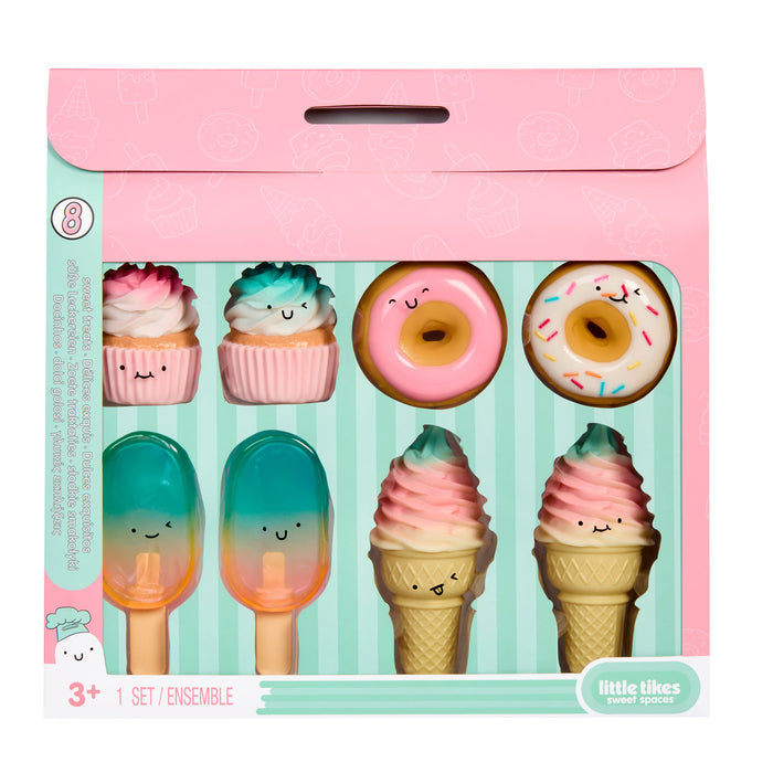 Pink and Seafoam green play food packaging with-two cupcakes, two doughnuts, two Ice Pops and two Ice cream comes inside the packaging.