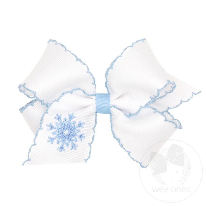 Wee Ones Bows - Medium - Moonstitched White with Snowflake Embroidery