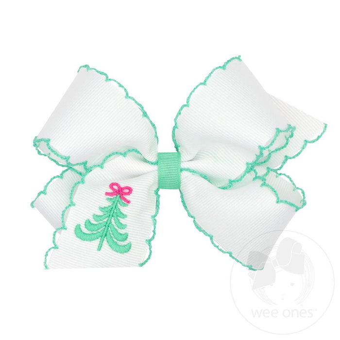 Wee Ones Bows - Medium - Moonstitched White with Tree Embroidery
