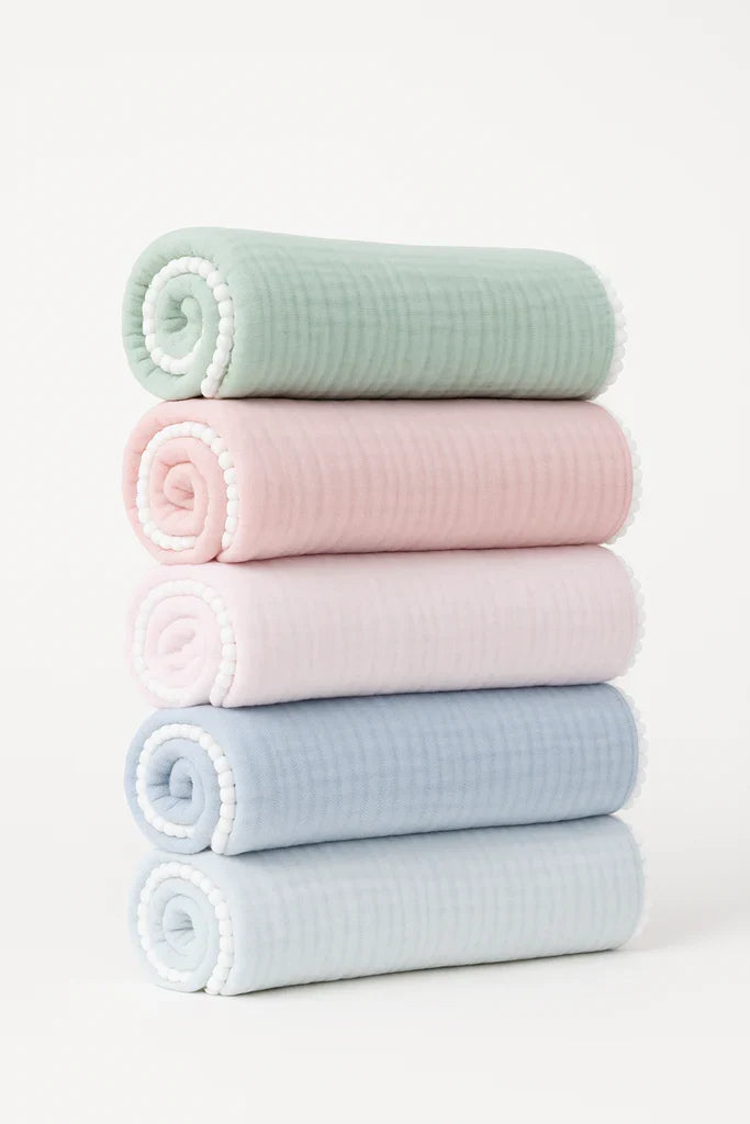 A Soft Idea - Pom Pom Baby Blanket - Baby Blue with White Poms