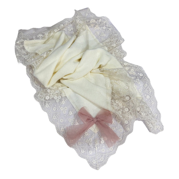 Alice Luxe Cream with Dusty Pink Tulle Bow Knitted Blanket
