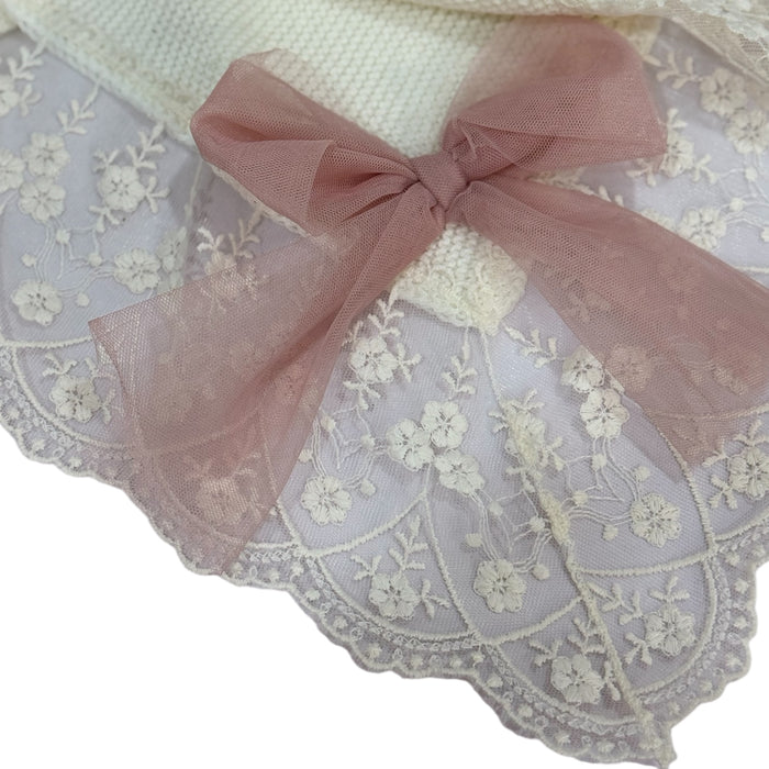 Alice Luxe Cream with Dusty Pink Tulle Bow Knitted Blanket