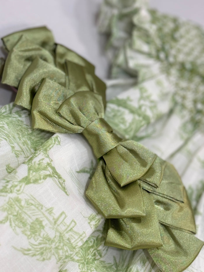 Amal Pleated Ribbon Antique Green Bow Headwrap