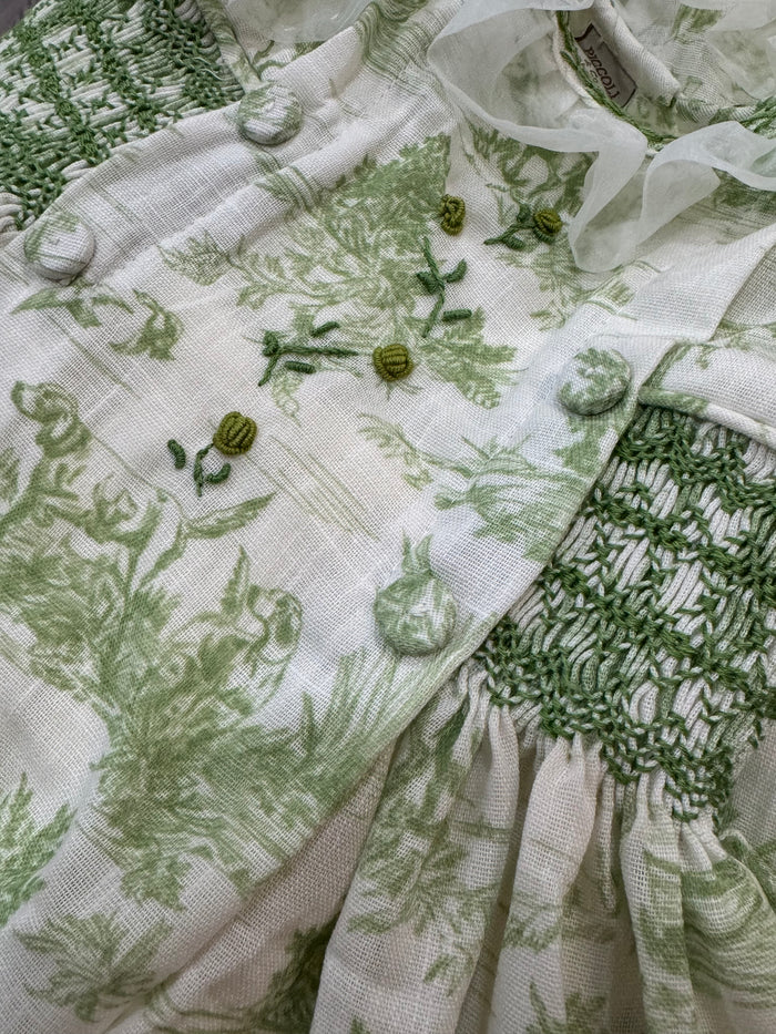 Arabella Toile de Jouy Green Handsmocked Dress