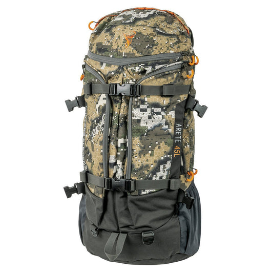 A gray and black hunting backpack with orange accents, featuring multiple compartments and shoulder straps.