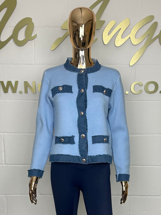 Baby Blue Denim Trim Button Up Cardigan