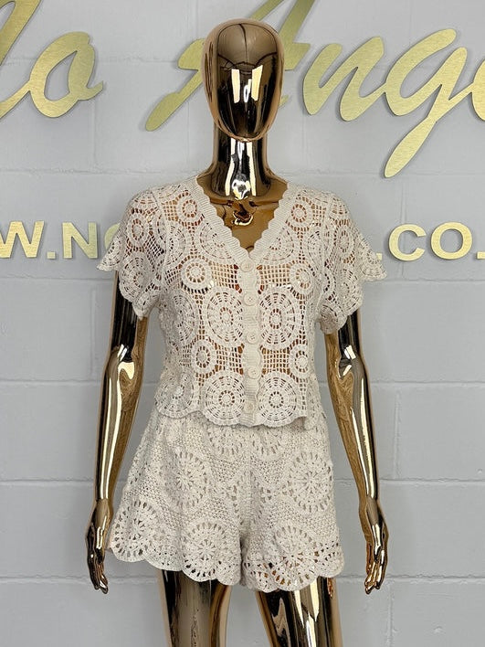 Beige Crochet Button Up Shorts Co-ord