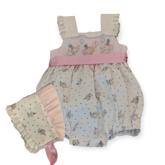 Birthday Penny Elephant Embroidered Bubble and Bonnet