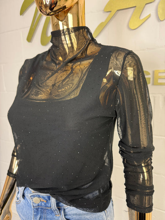 Black Mesh Jewelled Round Neck Top