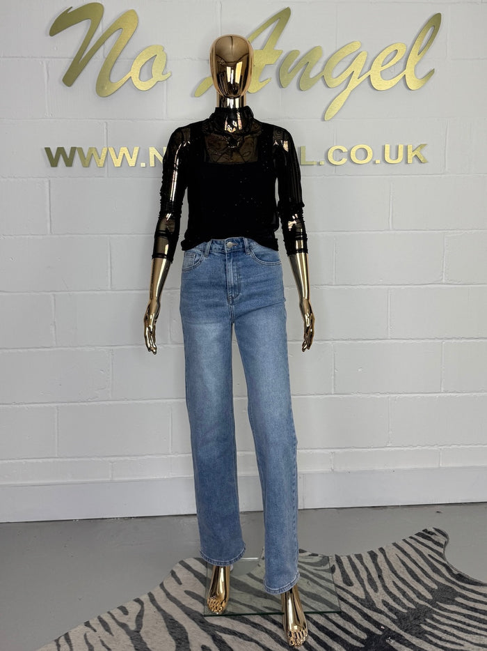 Black Mesh Jewelled Round Neck Top