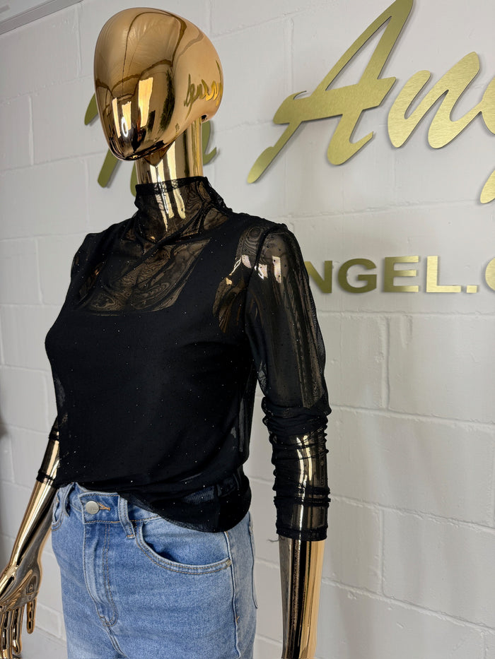 Black Mesh Jewelled Round Neck Top