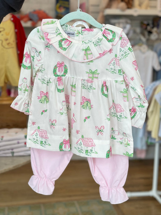 Blouse + Pant Set - Pink and Green Christmas Toile