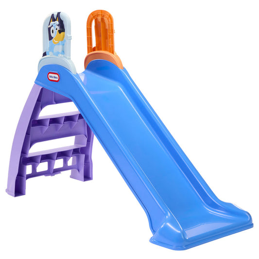 Colorful slide, on a white background, slide is blue, steps are purple, Bluey is showing as one of the slide handles, the other handle is an orange backside. Little Tikes logo is on the slide under Bluey.