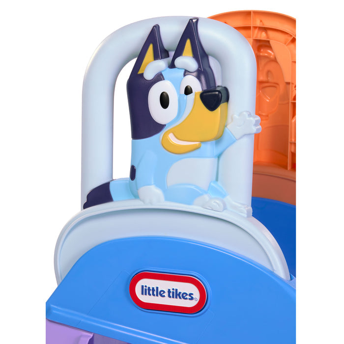 Close up of the Bluey character handle, waving. Showing Little Tikes logo.