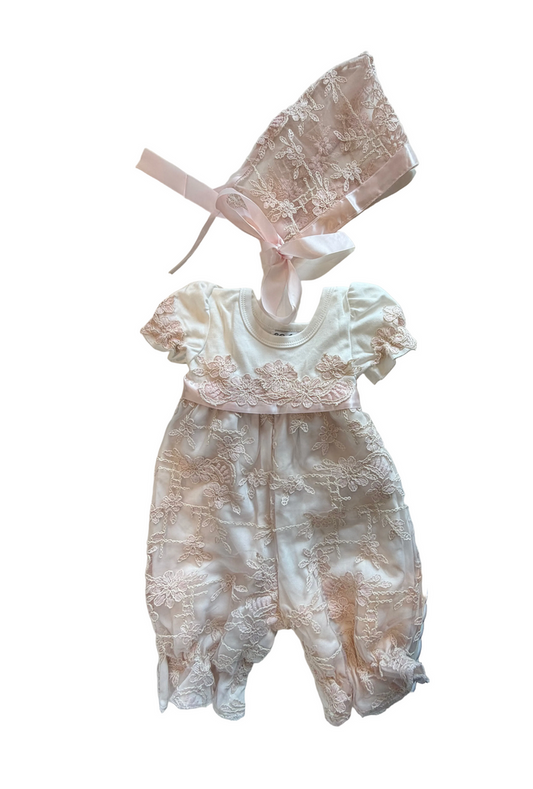 Blushing Pink Lace Romper & Bonnet