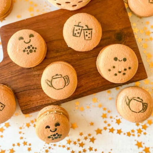 Boba and Tea Mini Stencil, extra small size, airbrushed onto milk tea flavored macarons.