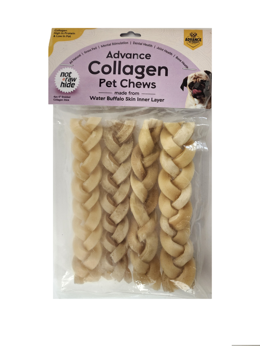 Braided Collagen Dog Chews 6" (Pack of 4) | All-Natural Water Buffalo | Joint & Dental Health Treats