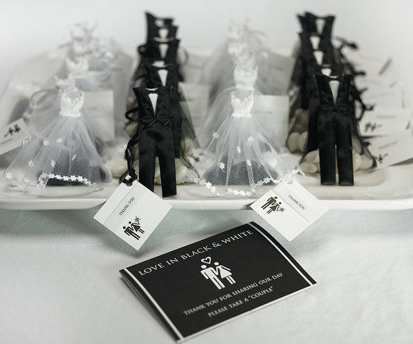 A beautiful display of the Groom & Bride Wedding Favor Candy Bags, filled with candy and jelly beans.