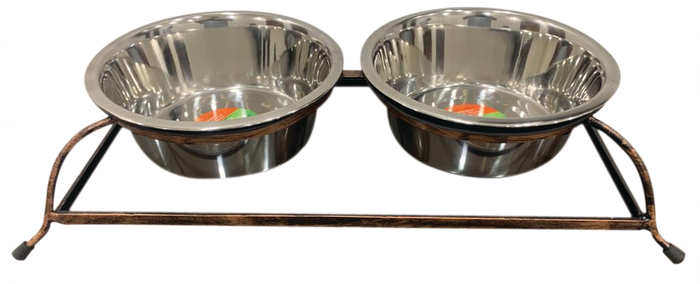 Bronze Finish Double Diner Pet Bowl – 1 Pint to 2 Quart | Raised Feeder for Dogs & Cats, Stylish & Durable Stand