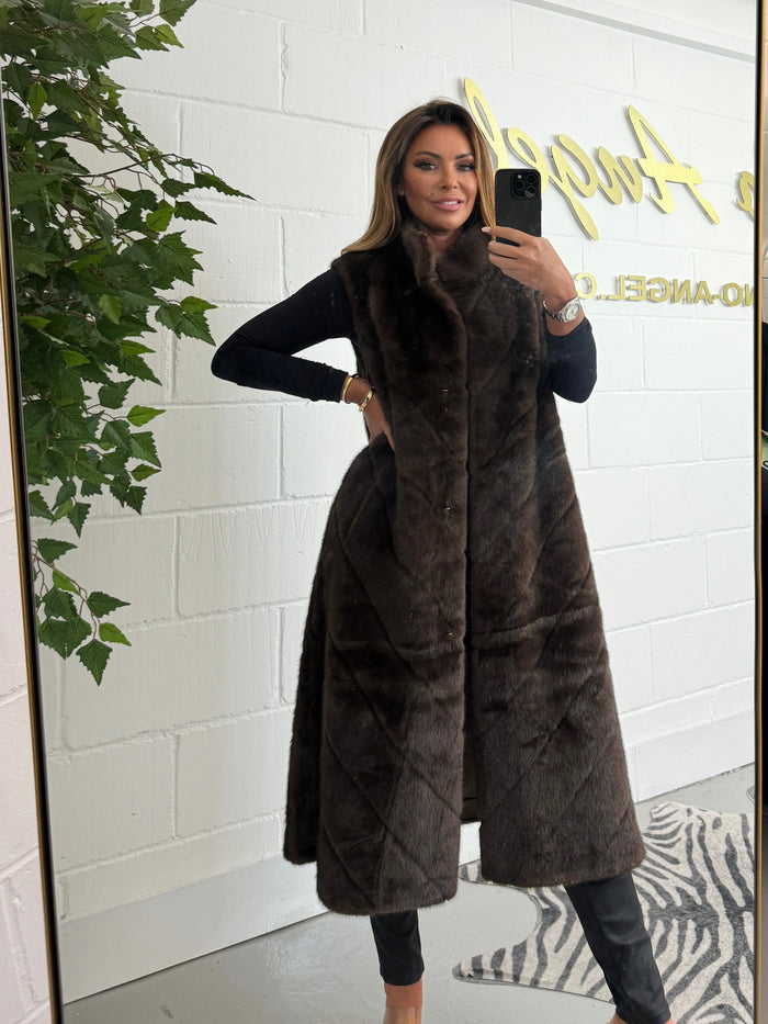 Brown Faux Fur Longline Chevron Gilet