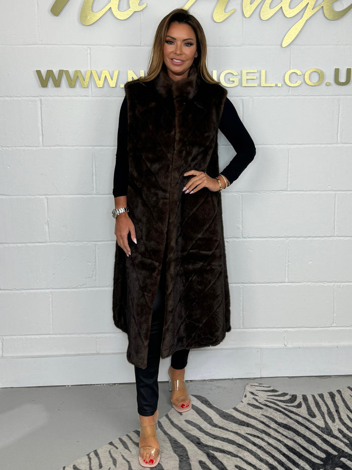 Brown Faux Fur Longline Chevron Gilet