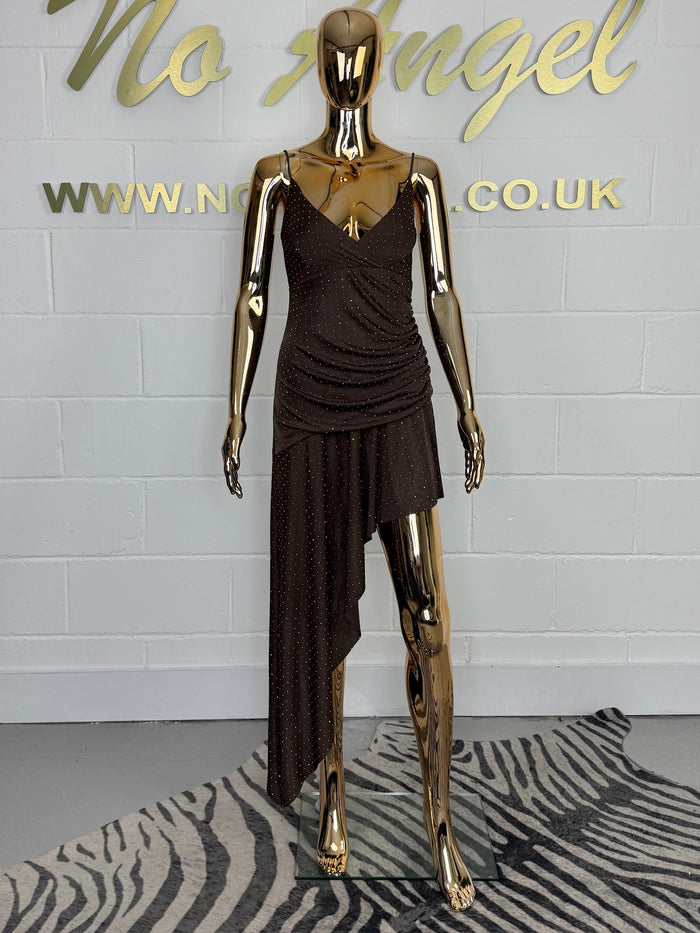 Brown Studded Drape Side V Neck Dress