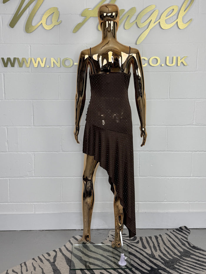 Brown Studded Drape Side V Neck Dress
