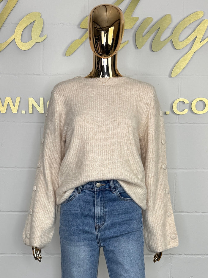 Button Sleeve Detail Round Neck Soft Knit Jumper (4 Colours)