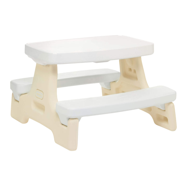 Easy Store Junior Play Table with white benches and table top, beige legs on a white background