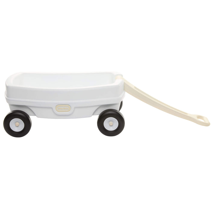 White wagon with black wheels, white hub caps and beige handle on a white background