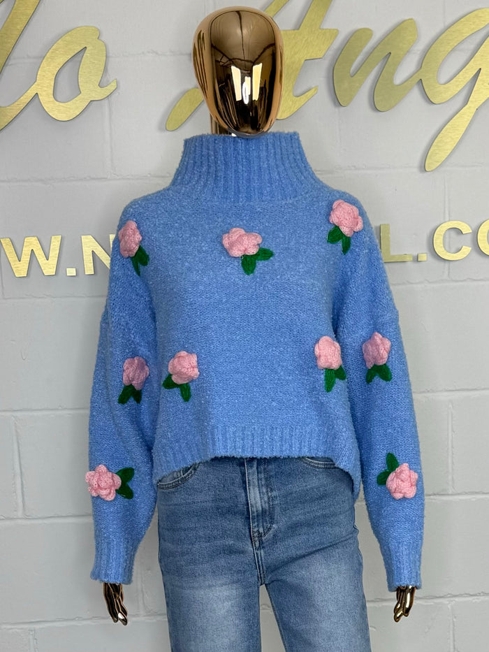 Cornflower Blue Soft Knit With 3D Pink Flower Detail Turtle Neck Jumper