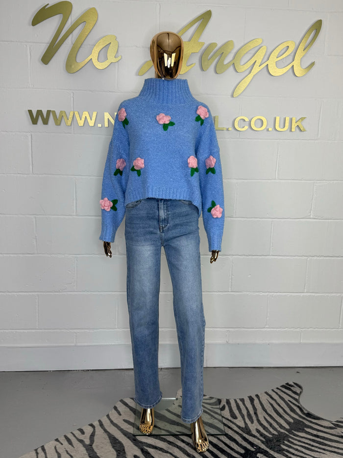 Cornflower Blue Soft Knit With 3D Pink Flower Detail Turtle Neck Jumper