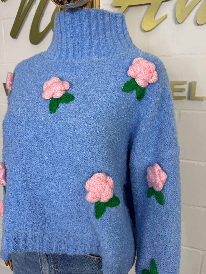 Cornflower Blue Soft Knit With 3D Pink Flower Detail Turtle Neck Jumper