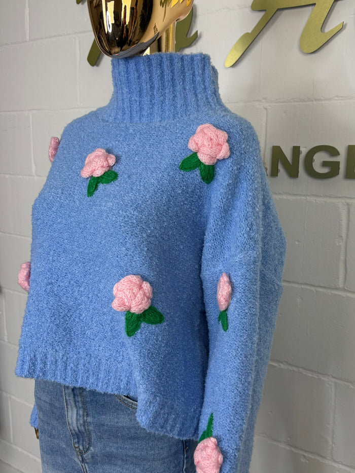Cornflower Blue Soft Knit With 3D Pink Flower Detail Turtle Neck Jumper