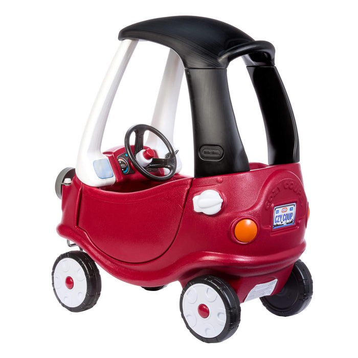 Coupe back and side view, parent handle on the black roof, white gas cap on the berry color body, back shows a license decal with 'CZY COUP' on a white background