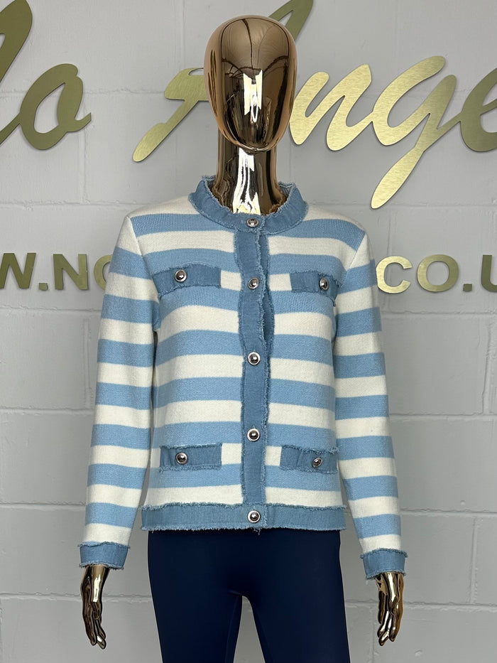 Denim Trim Blue/White Stripe Cardigan