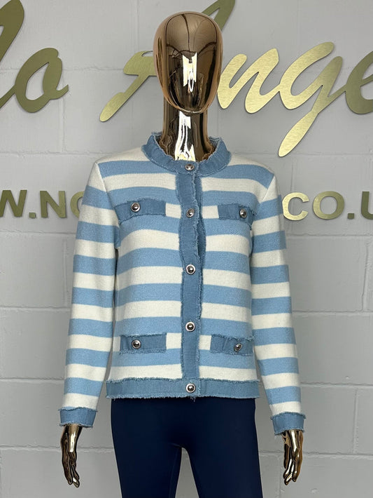 Denim Trim Blue/White Stripe Cardigan