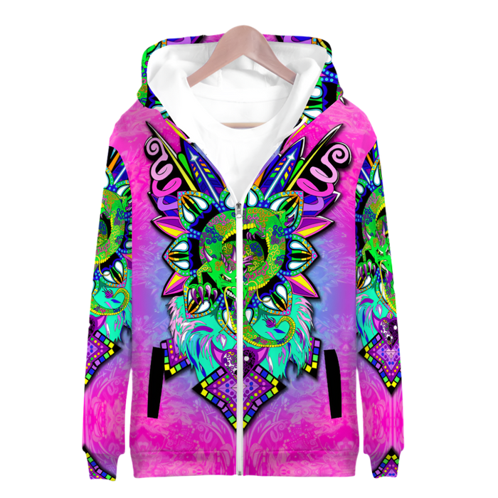 Colorful hoodie with abstract design on a white background